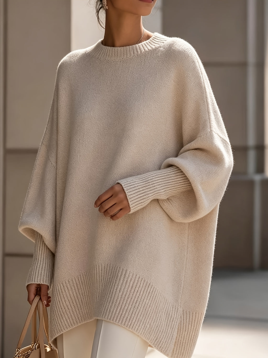 French-style Relaxed Silhouette Top, Irregular Slanted Hem Loose Lantern Sleeve Sweater, Gentle and Elegant Loose Fit That Is, Urban Casual Style - Apricot
