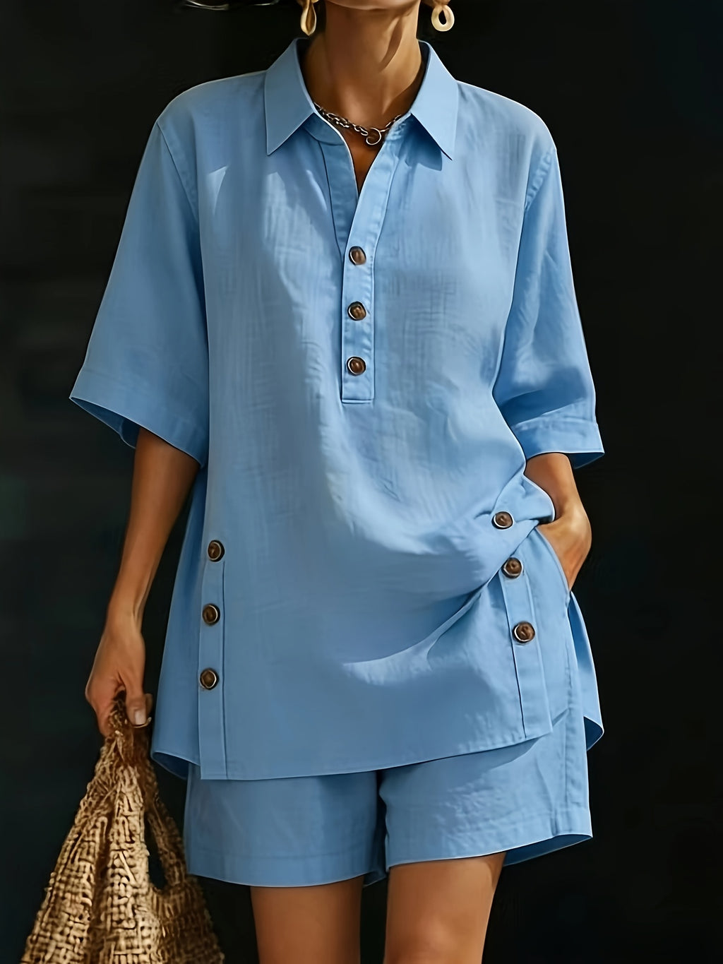 WY260406061) Women's Comfortable Loose-Fit Button-Up Shirt and Shorts Linen 2pcs Set - Sky Blue