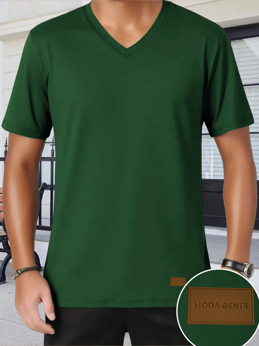 180g 100% Men's V-Neck T-Shirt, Solid Color Short Sleeve Top, Casual Base Layer, "MODA GENTS" Brand, Men's All-Season Daily Wear, Father's Day Gift, Back-to-School Season, Dates & Dinner Parties, Designed Clothing - Green