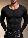 Men'S Mandarin Collar Long Sleeve T-Shirt, 3-Button Slim Fit Stretch Base Layer, Spring/Autumn Casual Athletic Top - Black