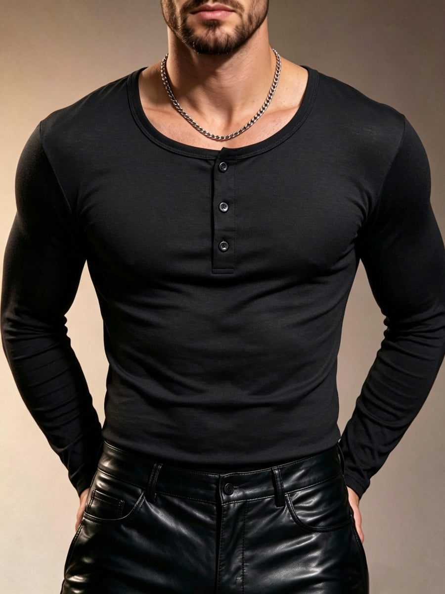 Men'S Mandarin Collar Long Sleeve T-Shirt, 3-Button Slim Fit Stretch Base Layer, Spring/Autumn Casual Athletic Top - Black