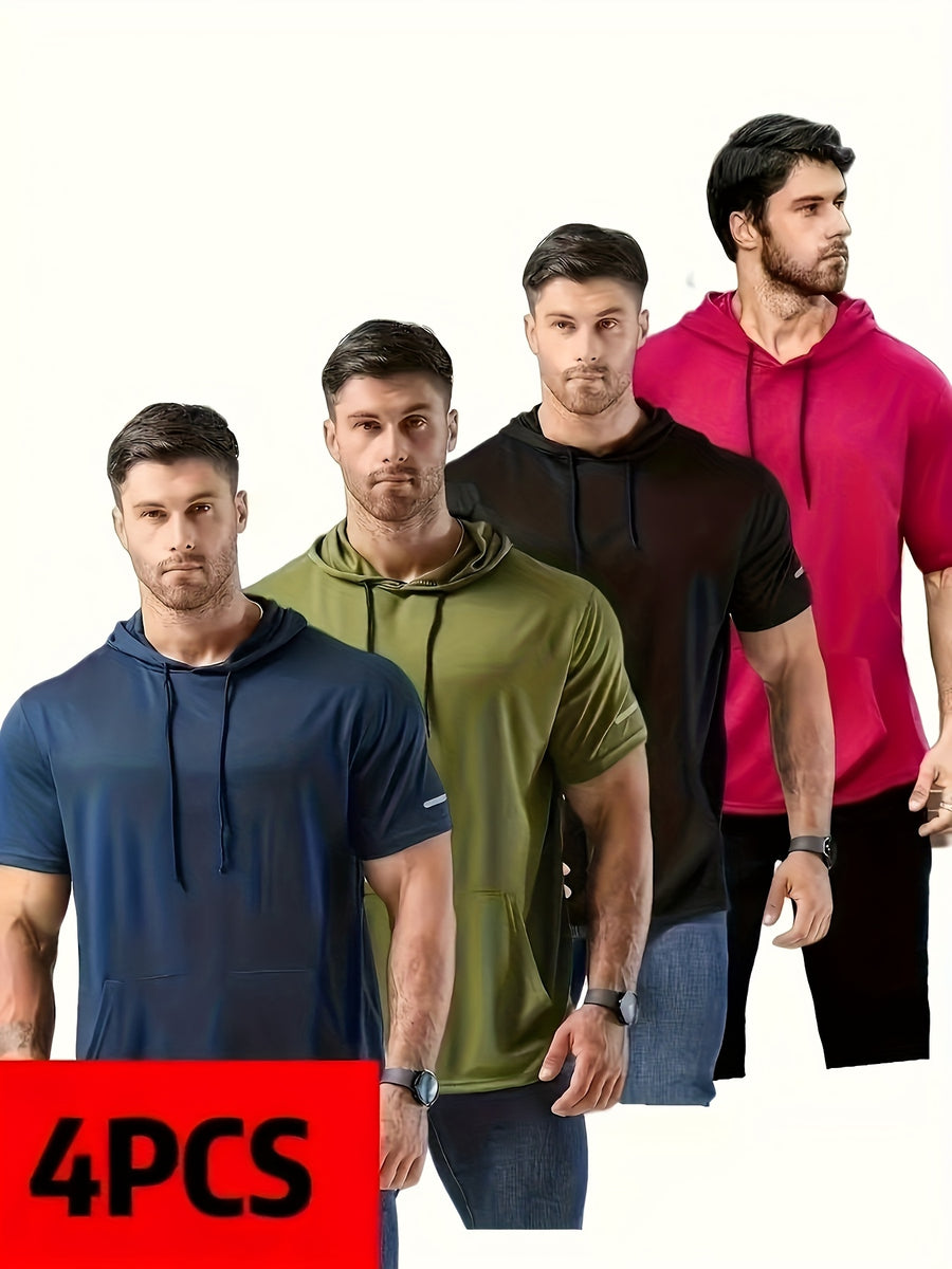 A Set of Four Men'S Regular Solid Color Hoodies, Casual And Breathable with Drawstring Short Sleeves - Black*Dark blue*Green*Red
