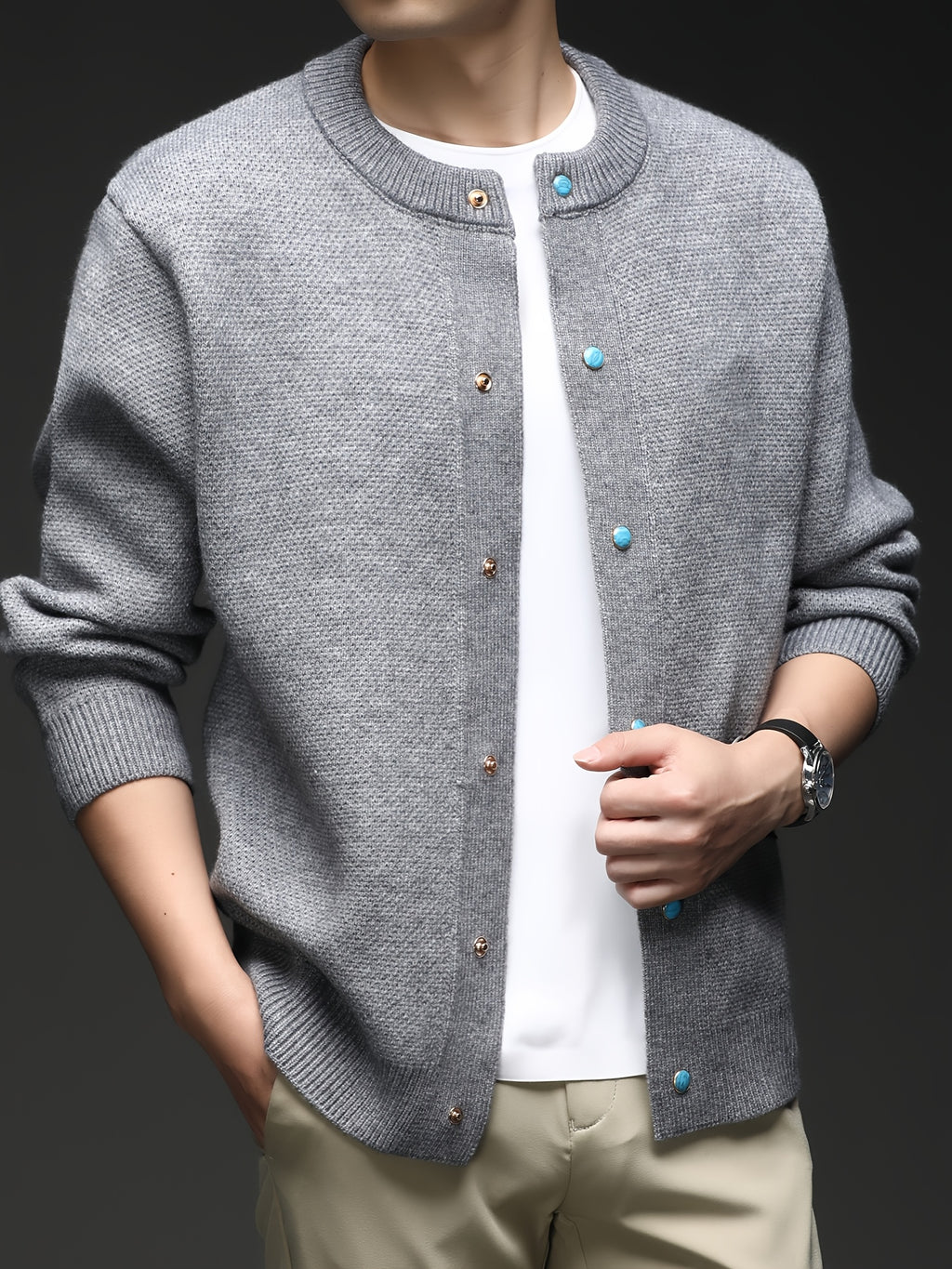 Du Jing Lan OBM Spring/Autumn New Arrival Men's Knitted Cardigan, Thickened Old Money Style Textured Solid Color Crew Neck Long Sleeve Open Front Knit Sweater, Men's Business Casual Fashion Single-Breasted Ribbed Sweater Jacket, Suitable for Layering - Light Grey