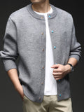 Du Jing Lan OBM Spring/Autumn New Arrival Men's Knitted Cardigan, Thickened Old Money Style Textured Solid Color Crew Neck Long Sleeve Open Front Knit Sweater, Men's Business Casual Fashion Single-Breasted Ribbed Sweater Jacket, Suitable for Layering - Light Grey