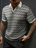 European and American Men's Fashion Black and White Geometric Texture V-Neck Color-Block Short Sleeve Shirt - Black And White Color