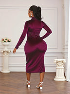 Lady's Fashionable and Elegant Gathering High-neck Velvet Long-sleeved Fitted Pleated Slit Dress/Carnival Costume/Carnival Attire/Festival Outfit/Wedding Date/Valentine's Day Gift - Fuchsia