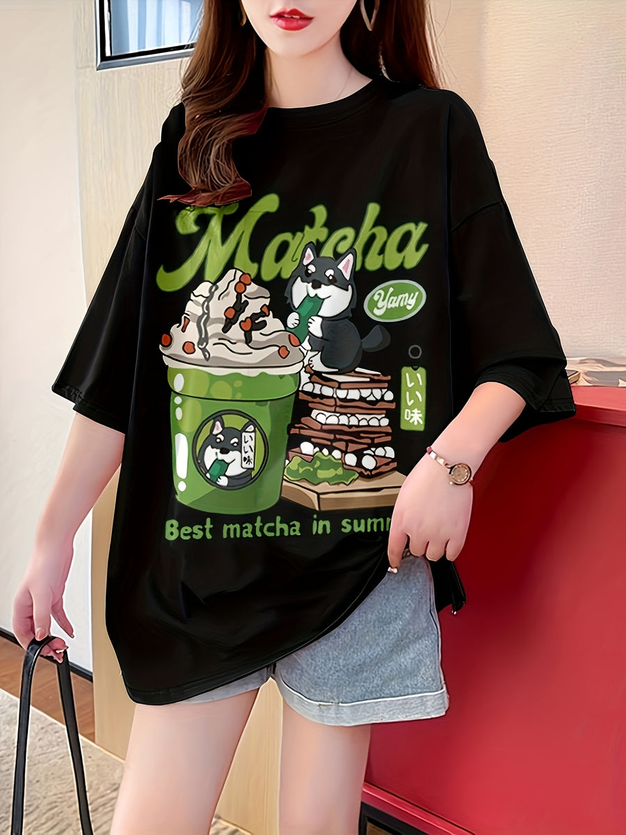 New Summer Collection of Plus-Size Loose-Fitting Stylish Cartoon Print Women'S Mid-Length Short-Sleeve T-Shirts - Black