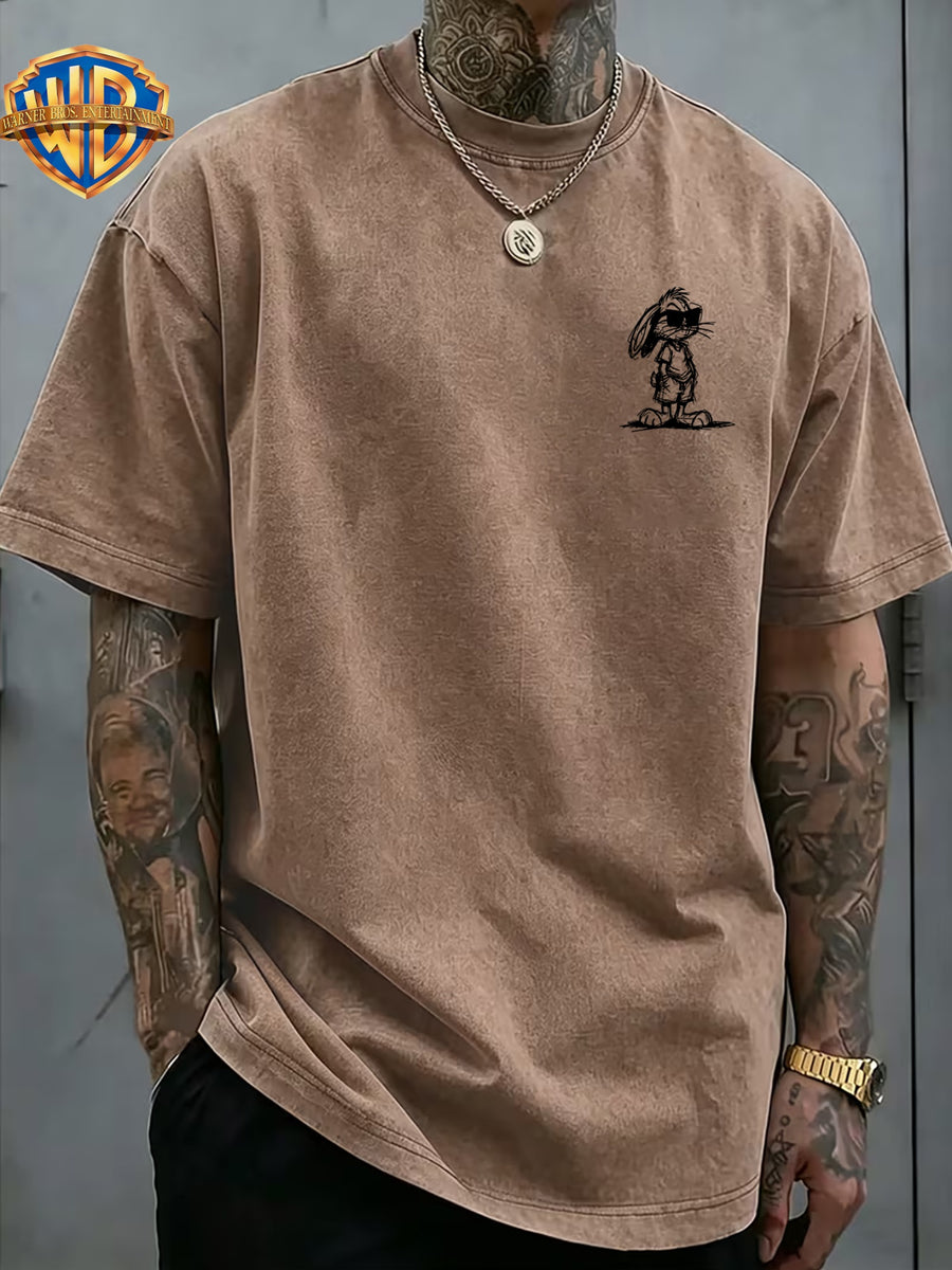 Sunglasses Pocket Rabbit Roadrunner Front And Back Print Washable T-Shirt, American Retro Distressed Style Loose Short Sleeve, Unisex Machine Washable T-Shirt, Suitable for Daily Wear, Commuting And Outdoor Outfits - Khaki