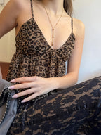 Women'S Elegant Fashion Leopard Ruffled Camisole, Dark Brown Summer Cheetah Print Vest with Matching Tie, Suitable for Nightclubs, Parties, Street Style - Mixed colors