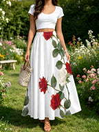 Red and White Rose Vine Print Skirt, Summer Casual Vacation Style - Mixed colors