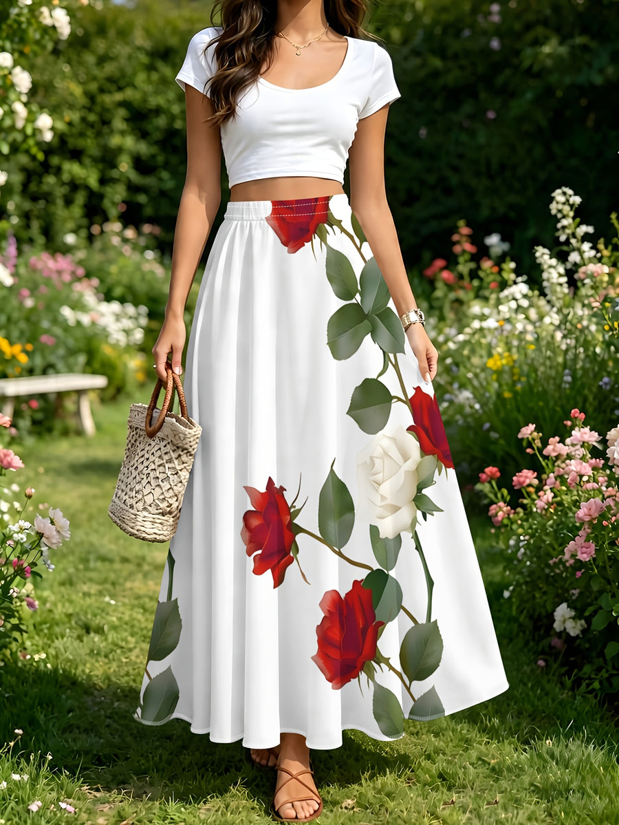 Red and White Rose Vine Print Skirt, Summer Casual Vacation Style - Mixed colors