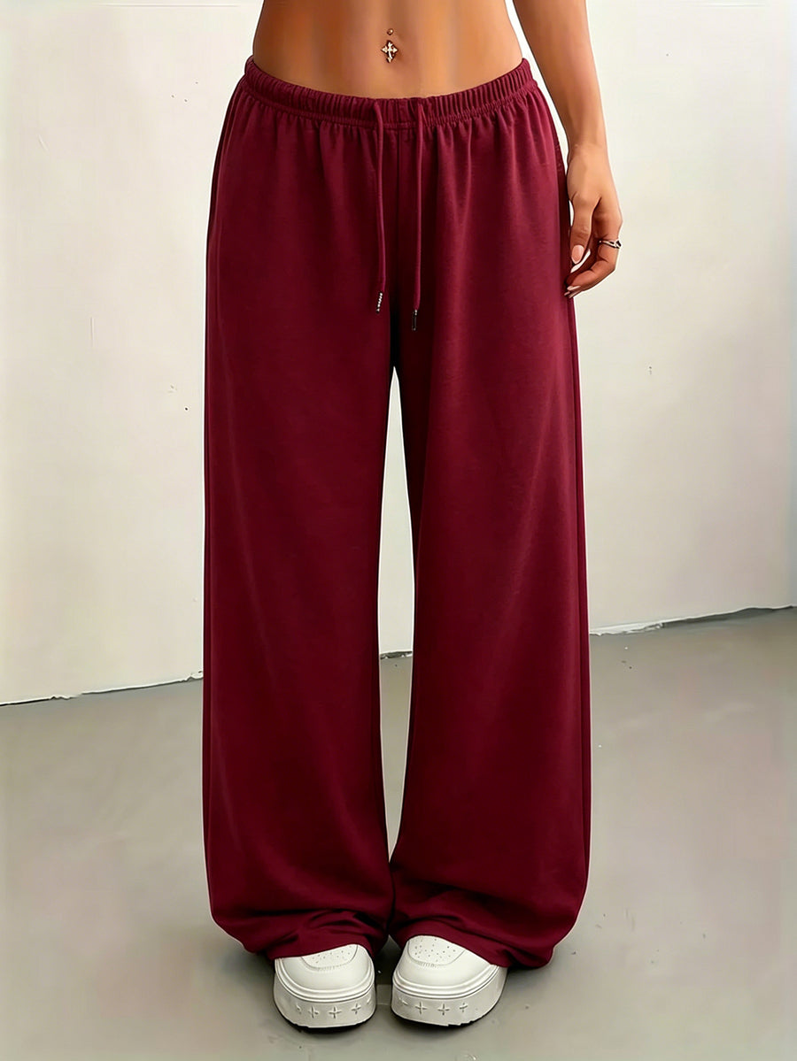 Lazy Style Solid Wide-Leg Pants Women'S High-Waist Drapey Floor-Length Trousers Versatile Casual Sweatpants - Burgundy