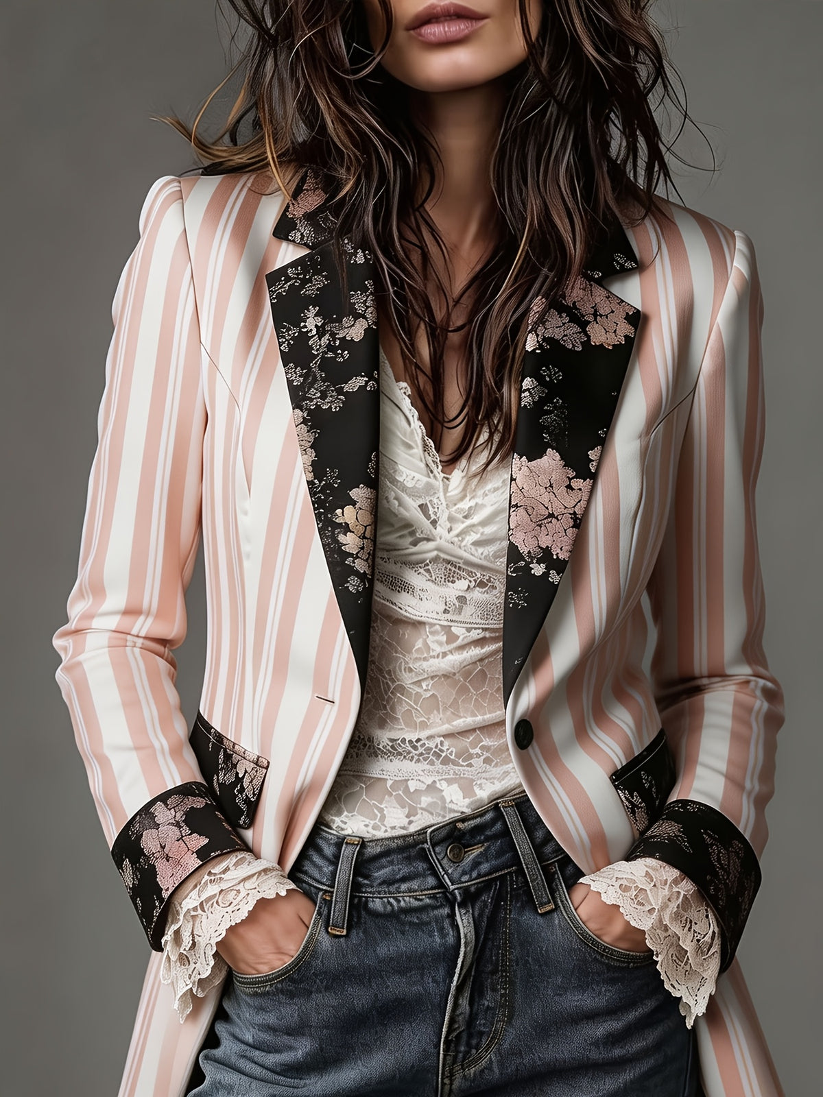 1pc of Women'S Contrasting Color Design Striped Suit Jacket, Spliced Print Single-Breasted Casual Small Suit, Casual Elegant Contrasting Color Lapel Cuff Design, Slim And Slimming Small Suit, Suitable for Workplace And Daily Wear - Mixed colors