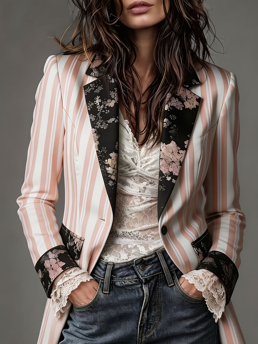 1pc of Women'S Contrasting Color Design Striped Suit Jacket, Spliced Print Single-Breasted Casual Small Suit, Casual Elegant Contrasting Color Lapel Cuff Design, Slim And Slimming Small Suit, Suitable for Workplace And Daily Wear - Mixed colors