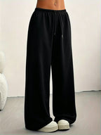 Drawstring Elastic Waist Wide Leg Sweatpants Women'S Loose Lazy Style Casual Versatile Long Pants - Black
