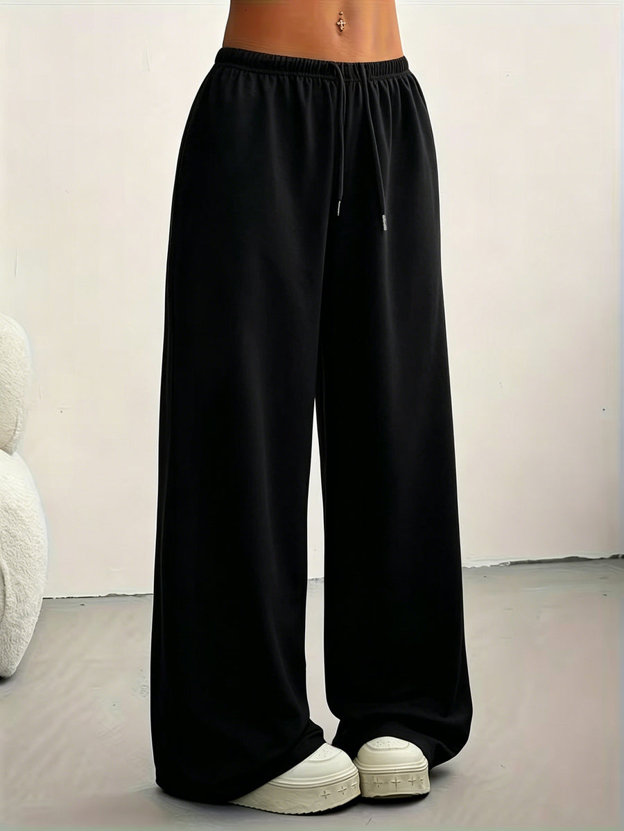 Drawstring Elastic Waist Wide Leg Sweatpants Women'S Loose Lazy Style Casual Versatile Long Pants - Black
