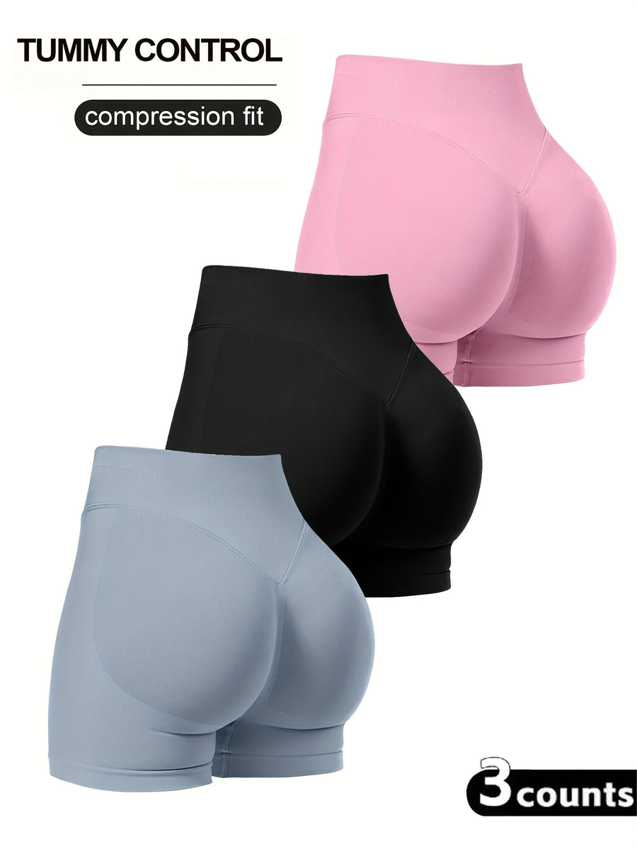3pcs Set Women'S Spring Summer New Seamless High-Waist Shorts, Waist-Cinching Butt Lift, Suitable for And - Pink + Black + Light Gray