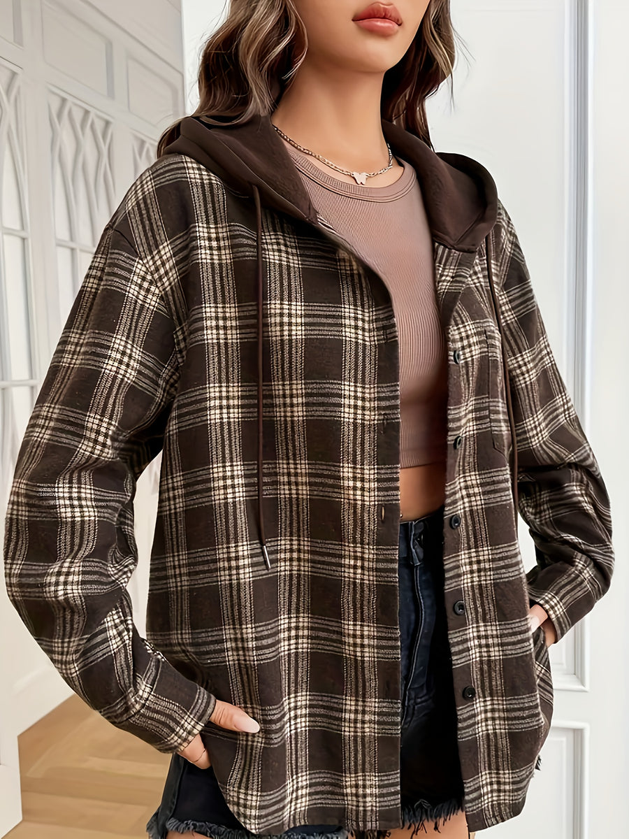Plus Size - Plus Size - Elegant Women'S Lightweight Plaid Pocket Casual Long-Sleeve Hooded Jacket for Spring And Autumn - Coffee Color