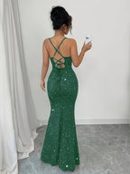 Women's Sparkling Strapless Backless Mermaid Gown for Formal Occasions - Green