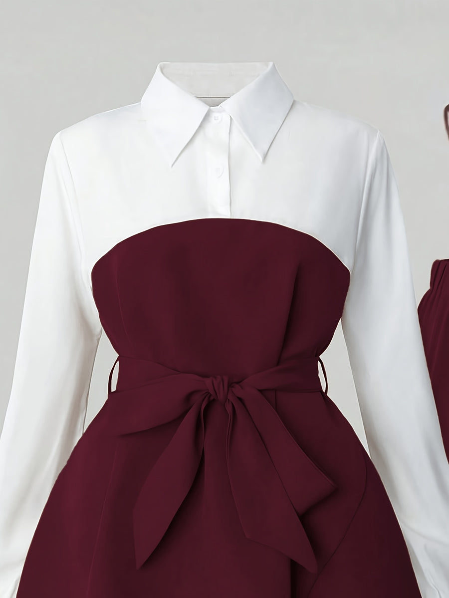 Women's Elegant 2pcs Office Set, Lapel Long-Sleeve Top with Slit Wide-Leg Pants, Business Commuter Style Outfit - Burgundy