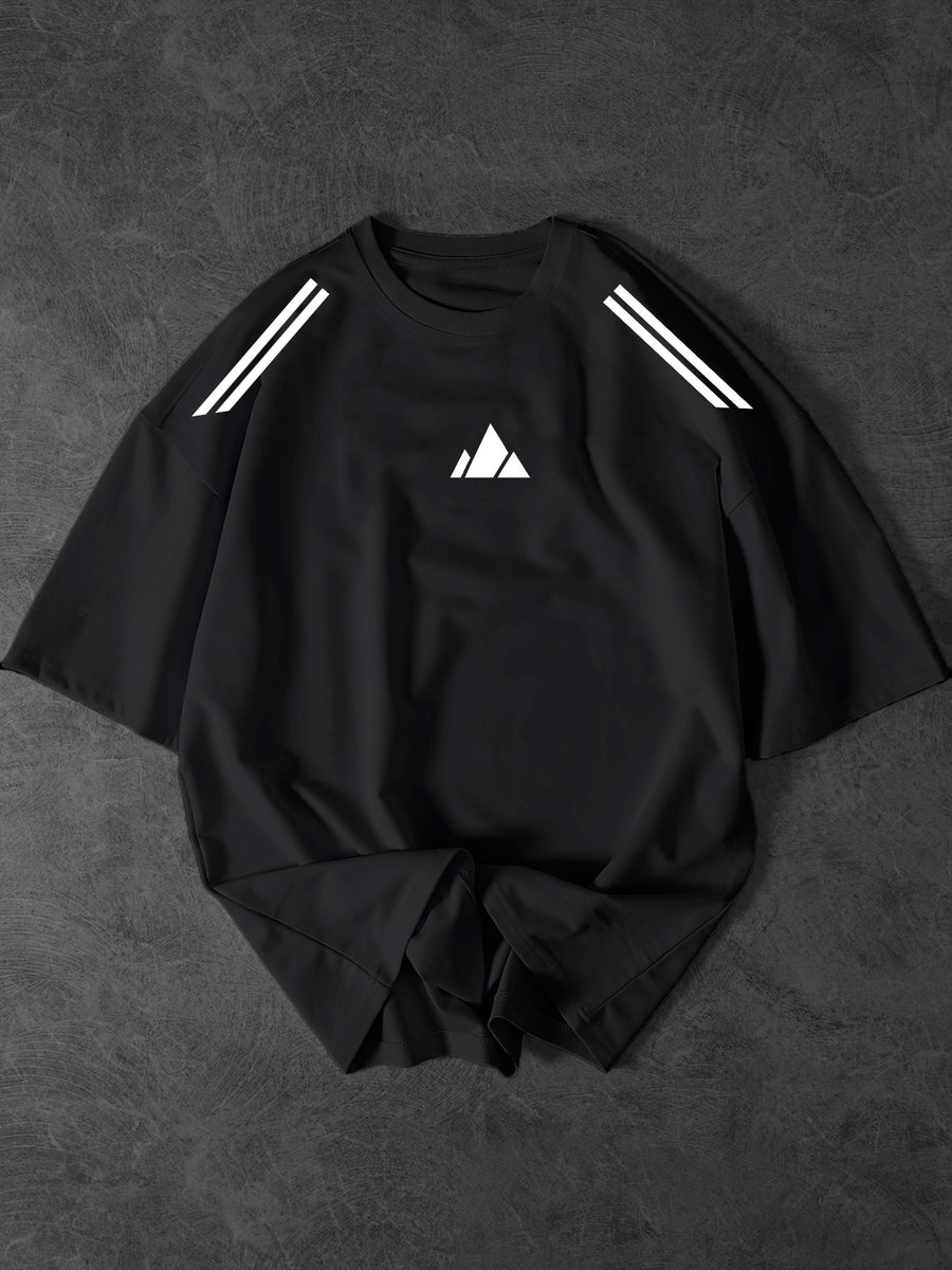New Summer Men'S Round Neck Short Sleeve Geometric Graphic Print Design Regular Fit Comfortable Fabric Street Style Trendy Versatile Style Suitable for Sports And Daily Wear - Black