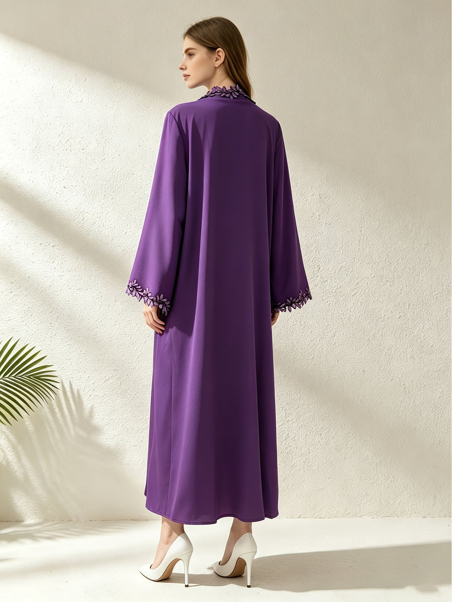 1pc Muslim Women's Arabic Robe - Elegant Middle Eastern Abaya Cardigan with 3 Floral Embroidery, Batwing Sleeves & Front Placket, Loose -Line Batwing Suitable for, Wedding Guest,, Daily Wear - Purple