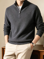 SINBOS Men's Half-Zip Stand Collar Sweater - Low-Saturation Earth Tones, Soft Ribbed Knit Zippered Cardigan, Stand Collar & Half-Zip Front Suitable for Business Casual & Minimalist Winter Wear, Autumn Winter Layering Piece - Dark Gray