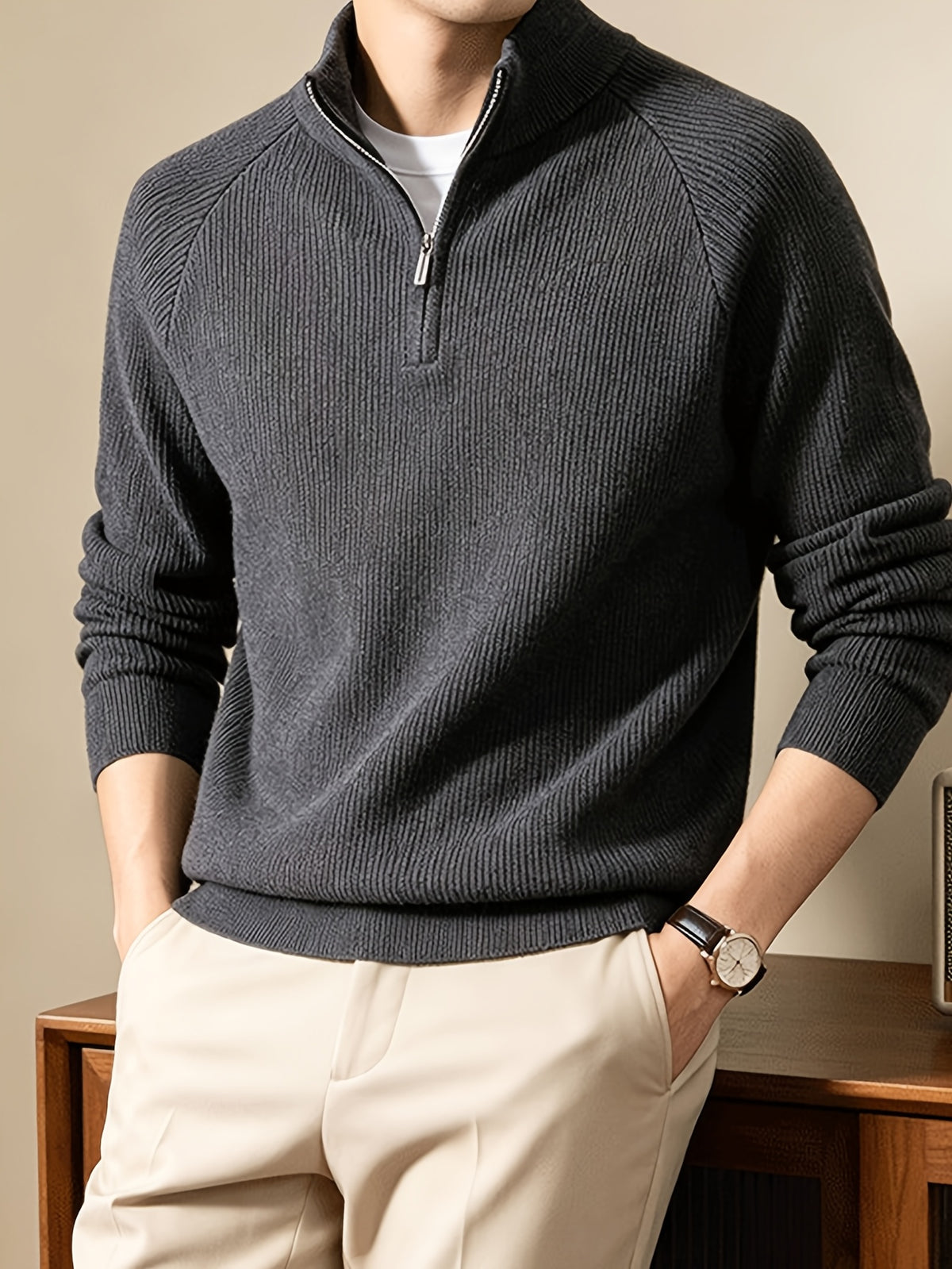 SINBOS Men's Half-Zip Stand Collar Sweater - Low-Saturation Earth Tones, Soft Ribbed Knit Zippered Cardigan, Stand Collar & Half-Zip Front Suitable for Business Casual & Minimalist Winter Wear, Autumn Winter Layering Piece - Dark Gray
