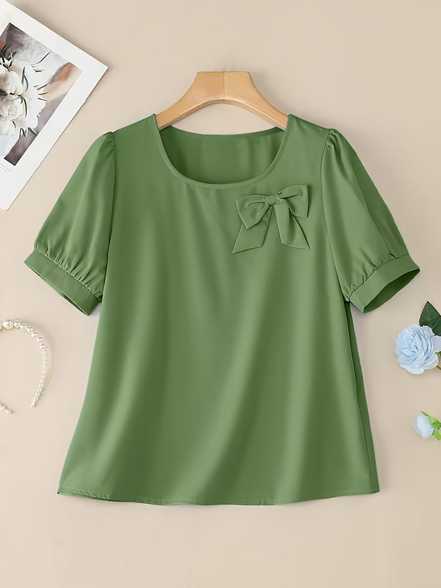 Elegant Casual Square Neck Short Sleeve Shirt with Bow and Puff Sleeves, Solid Color Top - Green