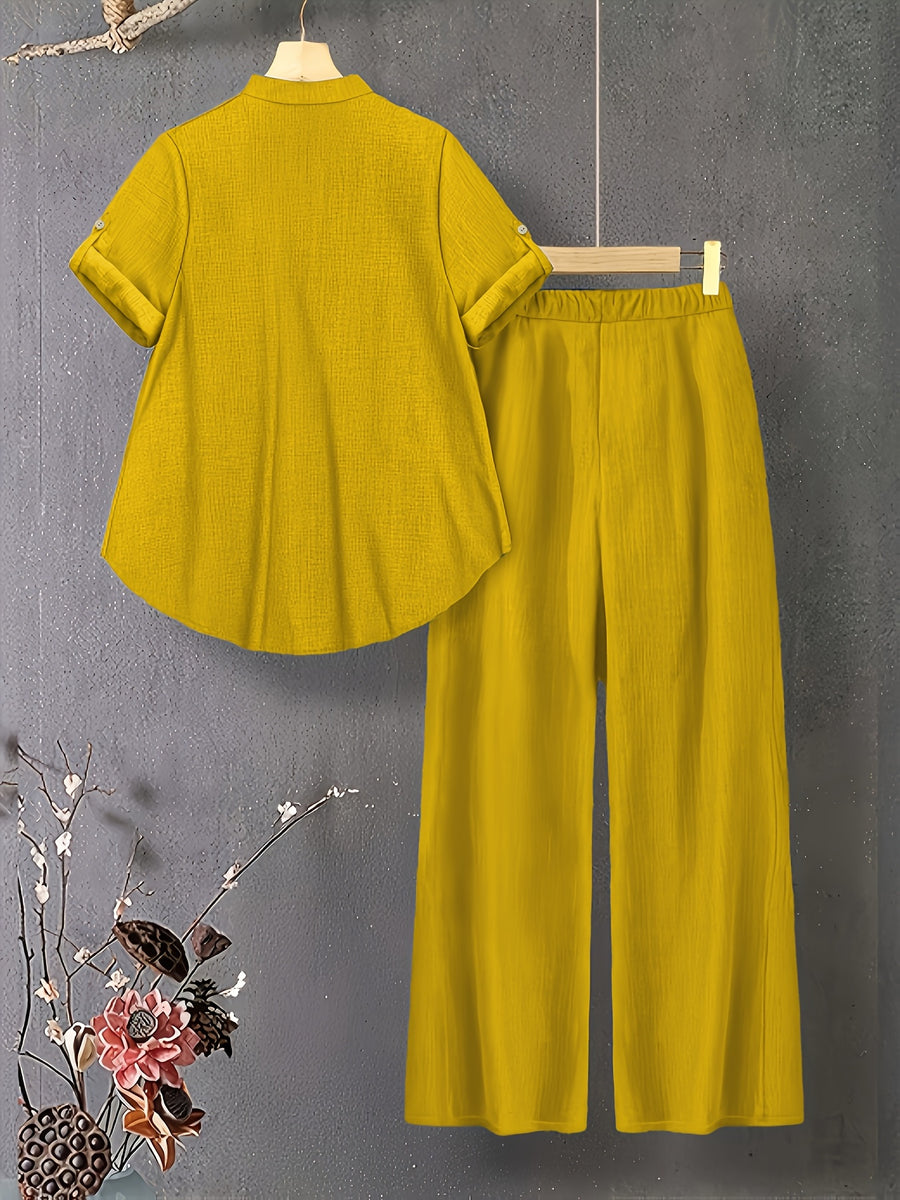 New V-neck Button-detail Short-sleeve Top with Elastic Waist and Side Slant Pockets Women's Set - Lemon Yellow