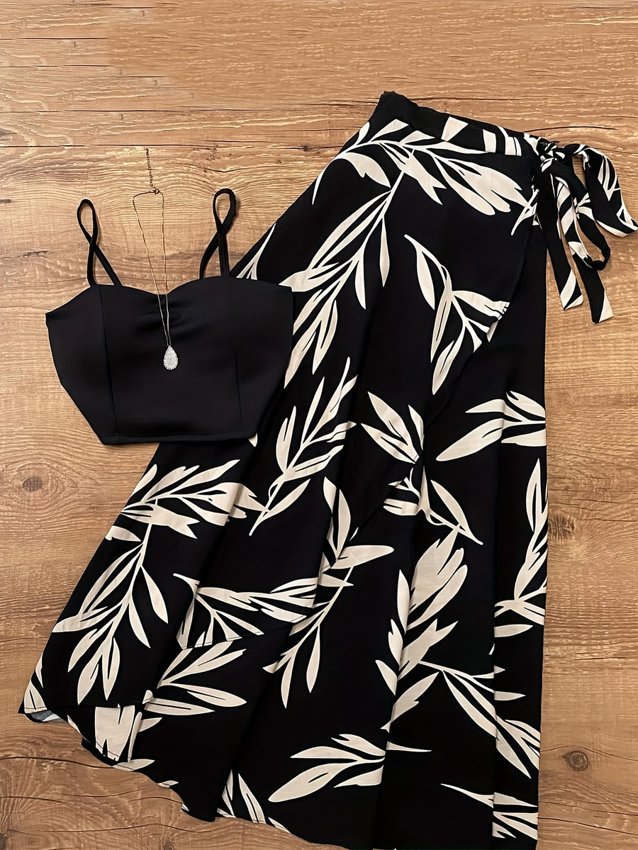 Women'S Spring Autumn Elegant Lace-Up Skirt And Cami Top 2pcs Set - Black
