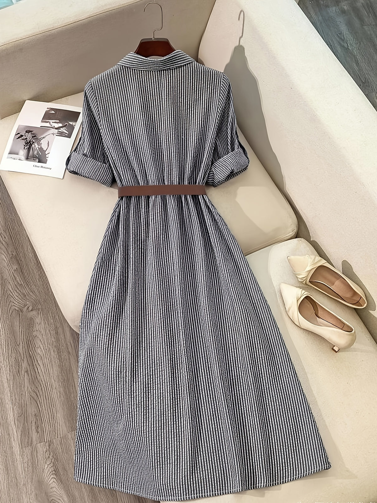 Women'S Fashion Commuter Casual Lapel A-Line Striped Dress, Suitable for Daily Office Wear - Black