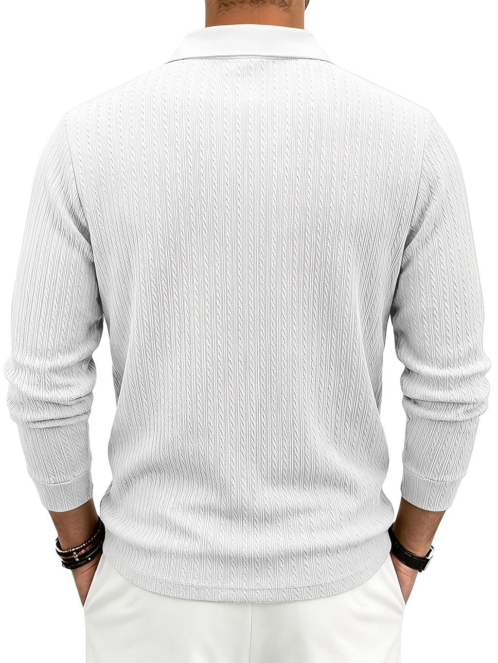 Autumn/Winter New Arrival: 1pc Men's Twisted Cable Vertical Stripe Knit Long-Sleeve Polo Shirt, Three-Dimensional Jacquard Texture, Classic Lapel, Vintage Brown Wood Grain Three-Button, Stretchy Soft Knitted Fabric, Solid Color Minimalist Top - White