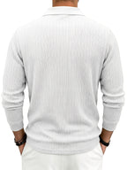 Autumn/Winter New Arrival: 1pc Men's Twisted Cable Vertical Stripe Knit Long-Sleeve Polo Shirt, Three-Dimensional Jacquard Texture, Classic Lapel, Vintage Brown Wood Grain Three-Button, Stretchy Soft Knitted Fabric, Solid Color Minimalist Top - White