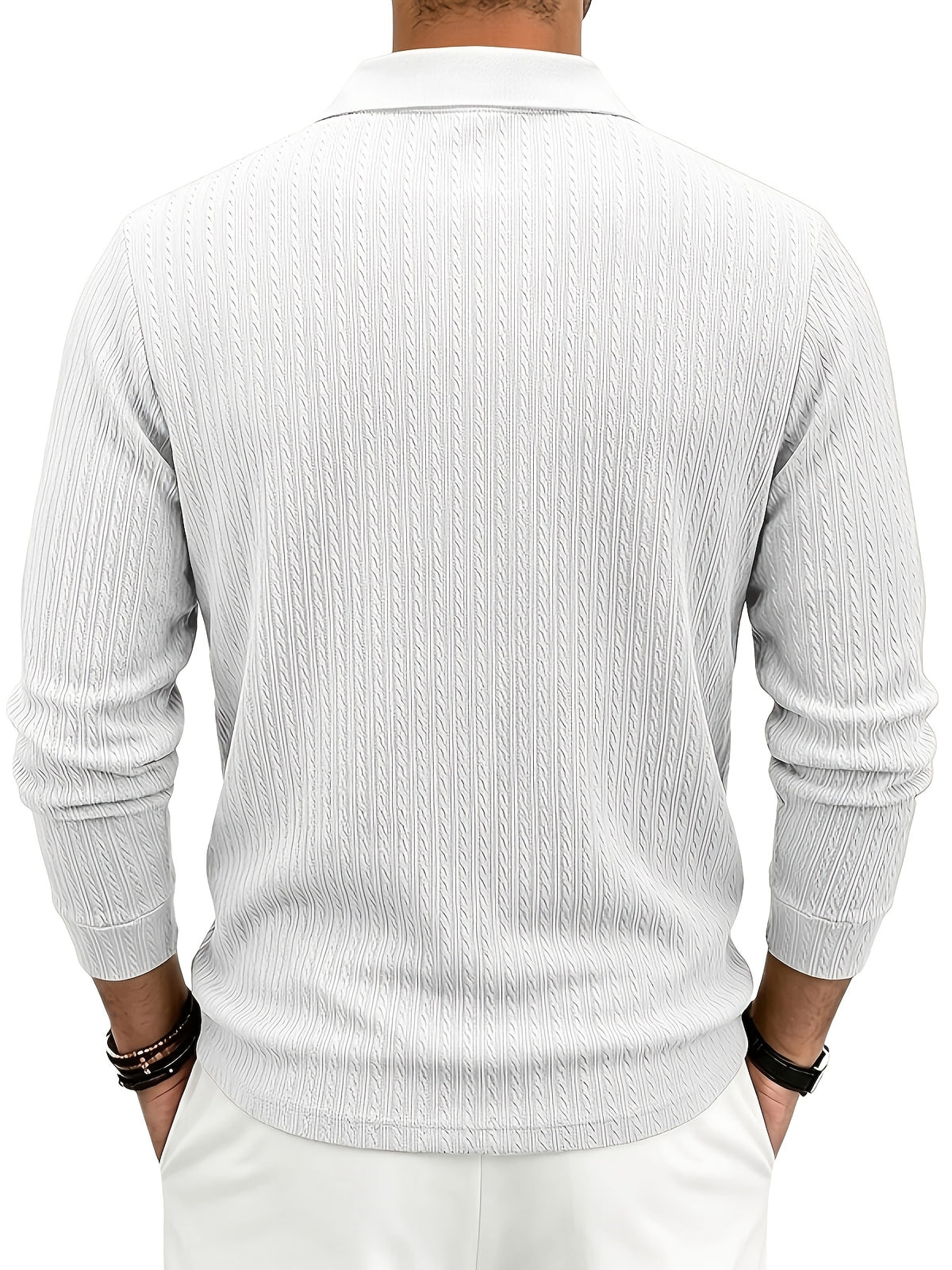 Autumn/Winter New Arrival: 1pc Men's Twisted Cable Vertical Stripe Knit Long-Sleeve Polo Shirt, Three-Dimensional Jacquard Texture, Classic Lapel, Vintage Brown Wood Grain Three-Button, Stretchy Soft Knitted Fabric, Solid Color Minimalist Top - White