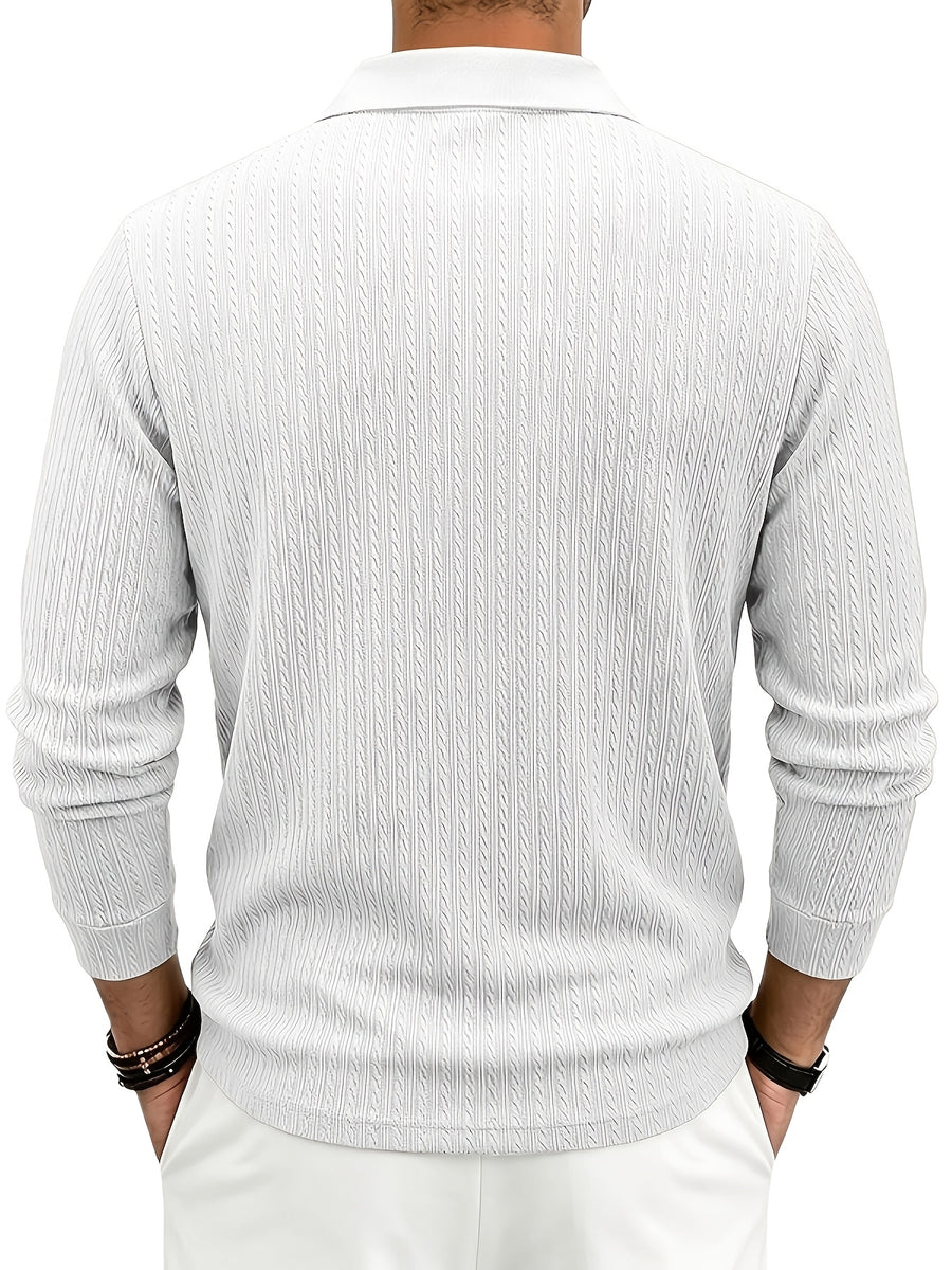 Autumn/Winter New Arrival: 1pc Men's Twisted Cable Vertical Stripe Knit Long-Sleeve Polo Shirt, Three-Dimensional Jacquard Texture, Classic Lapel, Vintage Brown Wood Grain Three-Button, Stretchy Soft Knitted Fabric, Solid Color Minimalist Top - White