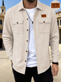 Men's Textured Lapel Casual Shirt Jacket, Lightly Mature Commuter Style, Wrinkle-Free and Easy to Care for. Simple and Textured Dual-Pocket Workwear Design. Subtle and Distinctive Label Decoration on the Chest. Suitable for Workplace, Daily Use - Khaki