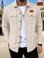 Men's Textured Lapel Casual Shirt Jacket, Lightly Mature Commuter Style, Wrinkle-Free and Easy to Care for. Simple and Textured Dual-Pocket Workwear Design. Subtle and Distinctive Label Decoration on the Chest. Suitable for Workplace, Daily Use - Khaki