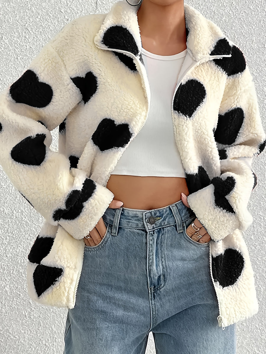 Women'S Winter Coat - Red Heart Print Fleece Jacket, Long Sleeve Zippered Coat, Machine Washable for Casual And Formal Occasions, Women'S Warm Winter Wear - Black