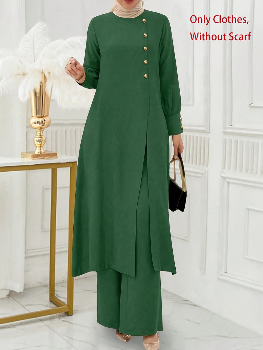 Ramadan, Women's Front-Button Long Sleeve Slit Dress & Pants Casual Arabic Style 2pcs Set, Only Clothes, Without Headscarf - Dark Green