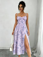 Elegant Printed Bohemian-style High-slit Zipper Dress for Women, Suitable for Weddings, Spring/summer Vacations, and Other Occasions, Elegant and Charming - Purple