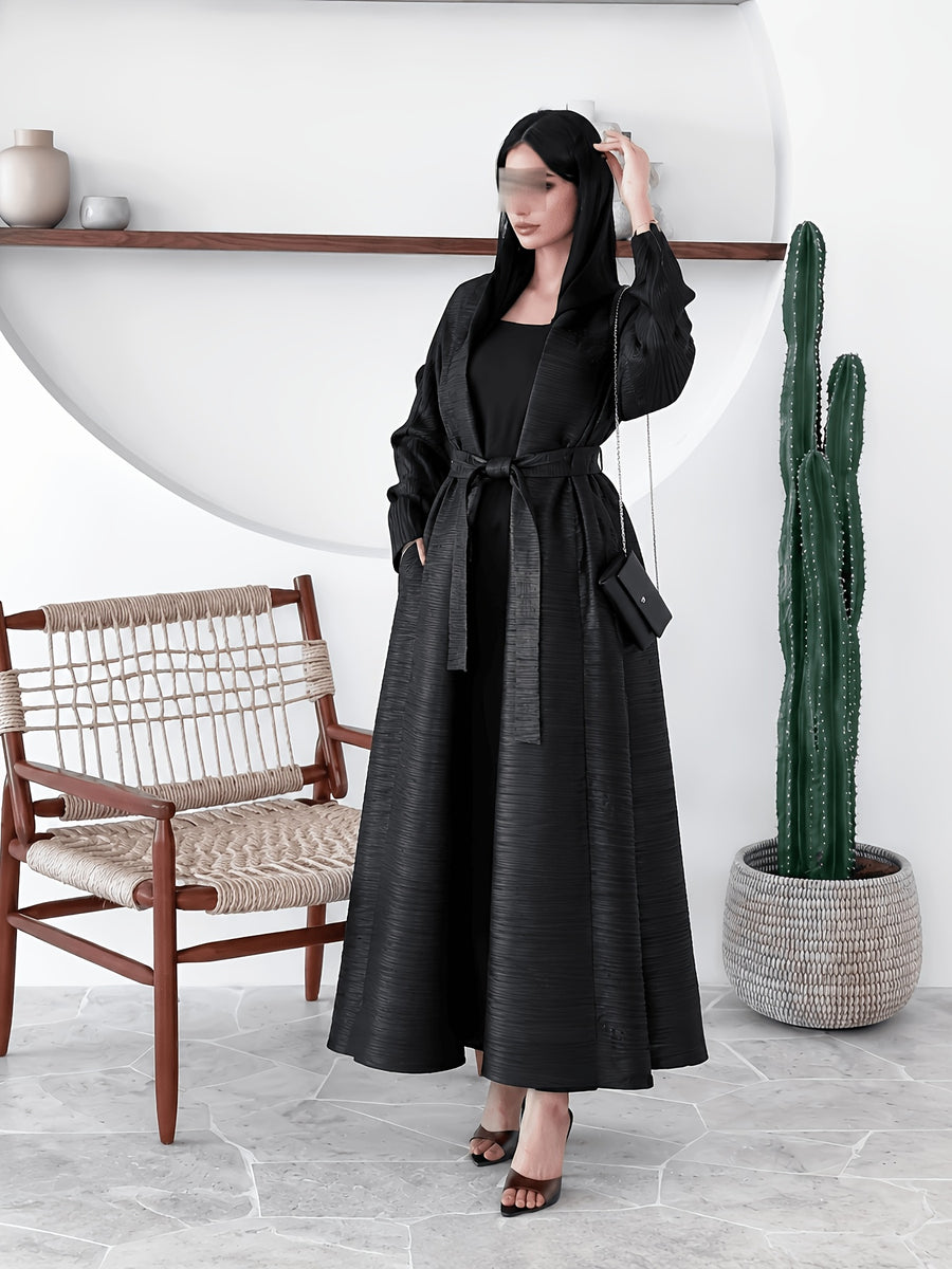 Middle Eastern Women's Clothing: Three-Yard Pleat Muslim Robe, Solid Color Cardigan Outerwear Cape - Black