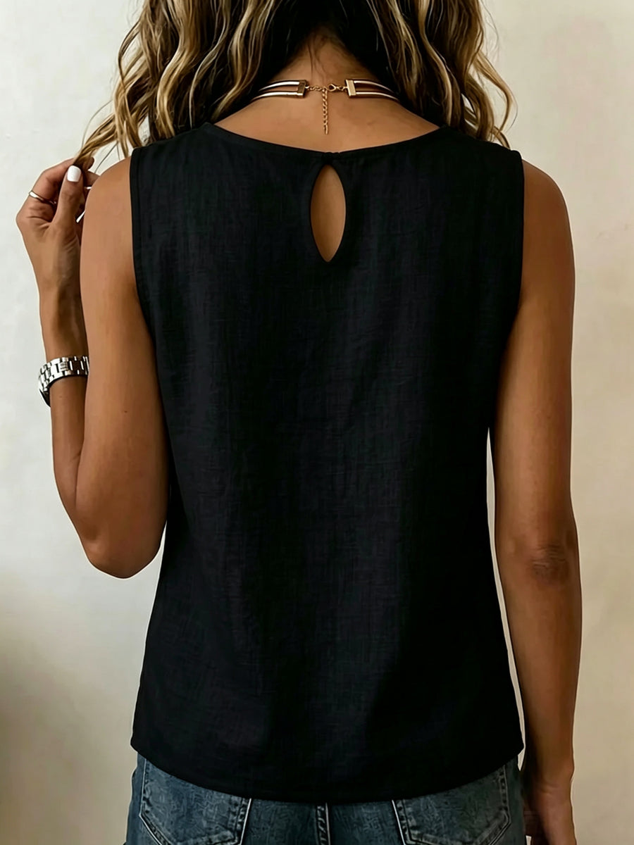 Summer Minimalist Style Round Neck Side-Button Versatile Sleeveless Shirt - Black