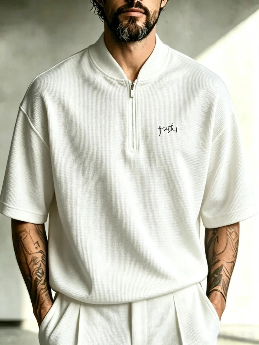 Men's Stand Collar Printed Zipper Short Sleeve T Henley Neck T-Shirt Faith Script Print Loose Fit Old Money Aesthetic Spring Autumn - White
