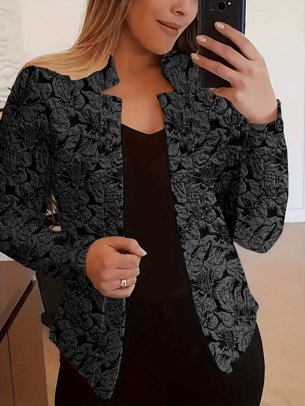 Vintage Print Casual Long-Sleeve Open-Front Blazer - Black