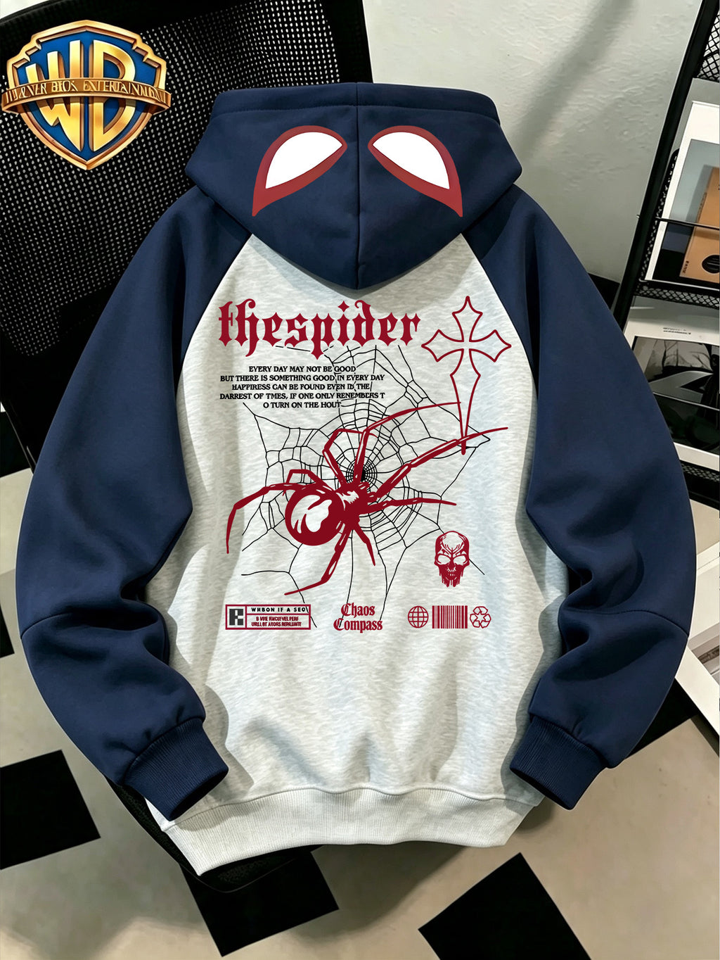 Dark Trendy Cool Autumn Winter Zipper Hooded Men'S Sweatshirt, Retro Gothic Text Totem Back Print Patch Shoulder Color-Block Unisex Jacket, Casual All-Match Non-Size-Specific, Suitable for Anime Fans, Student Campus Wear, Outdoor Leisure Travel - Navy Color