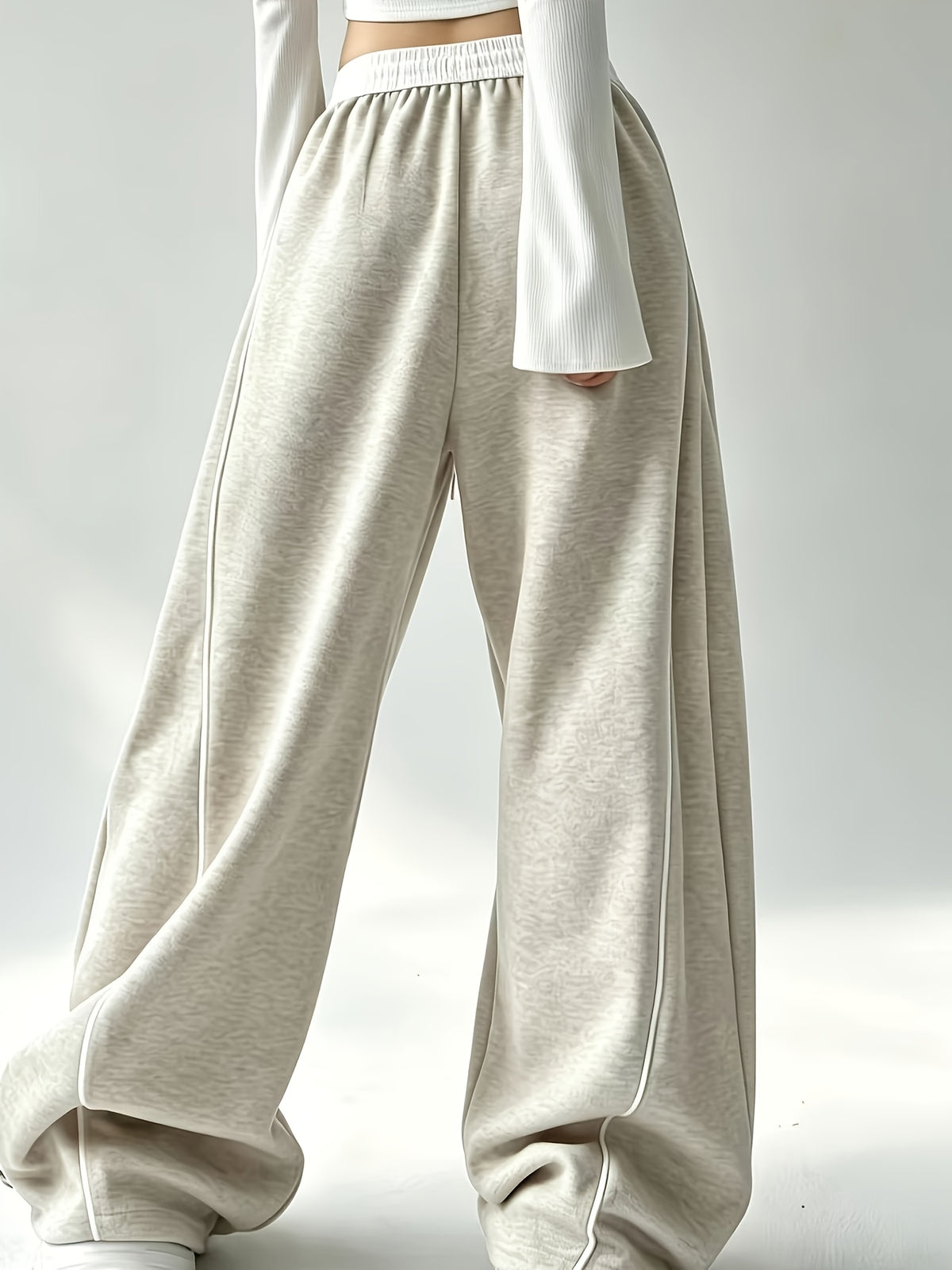 Wide Leg Sweatpants with Contrast White Elastic Waistband, White Side Piping Stripes, Convertible Adjustable Hem Cuff Two Ways Wearing Pants, Four Seasons Breathable Casual Athletic Joggers for Yoga Daily Street Outfits - M Beige