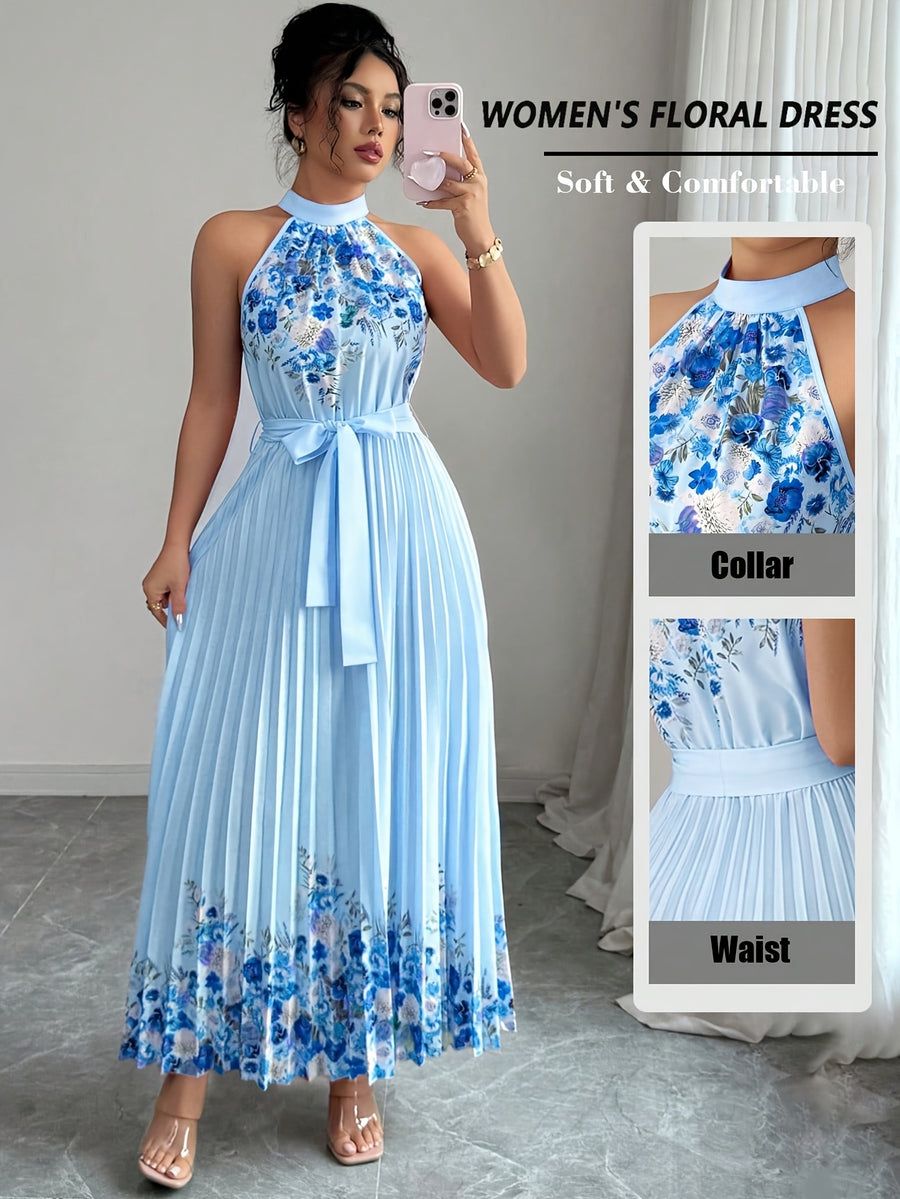 Fashionable New Women'S Summer Halter Floral Print Pleated Dress - Blue