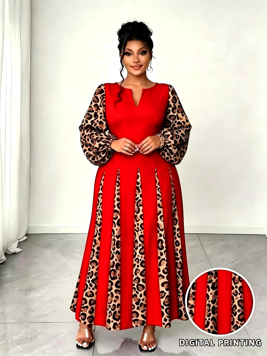 Plus Size Women'S Leopard Patchwork Long Dress, Long Puff Sleeve with Cutout V-Neck A-Line Maxi Skirt, Elegant Party Evening Gown - Red