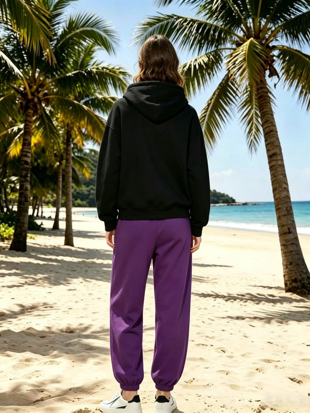 Lazy Style Loose Sweatshirt and Sweatpants Set, Long Sleeve Hooded Top and Jogger Pants, Daily Running Sportswear - Black hoodie + purple sweatpants